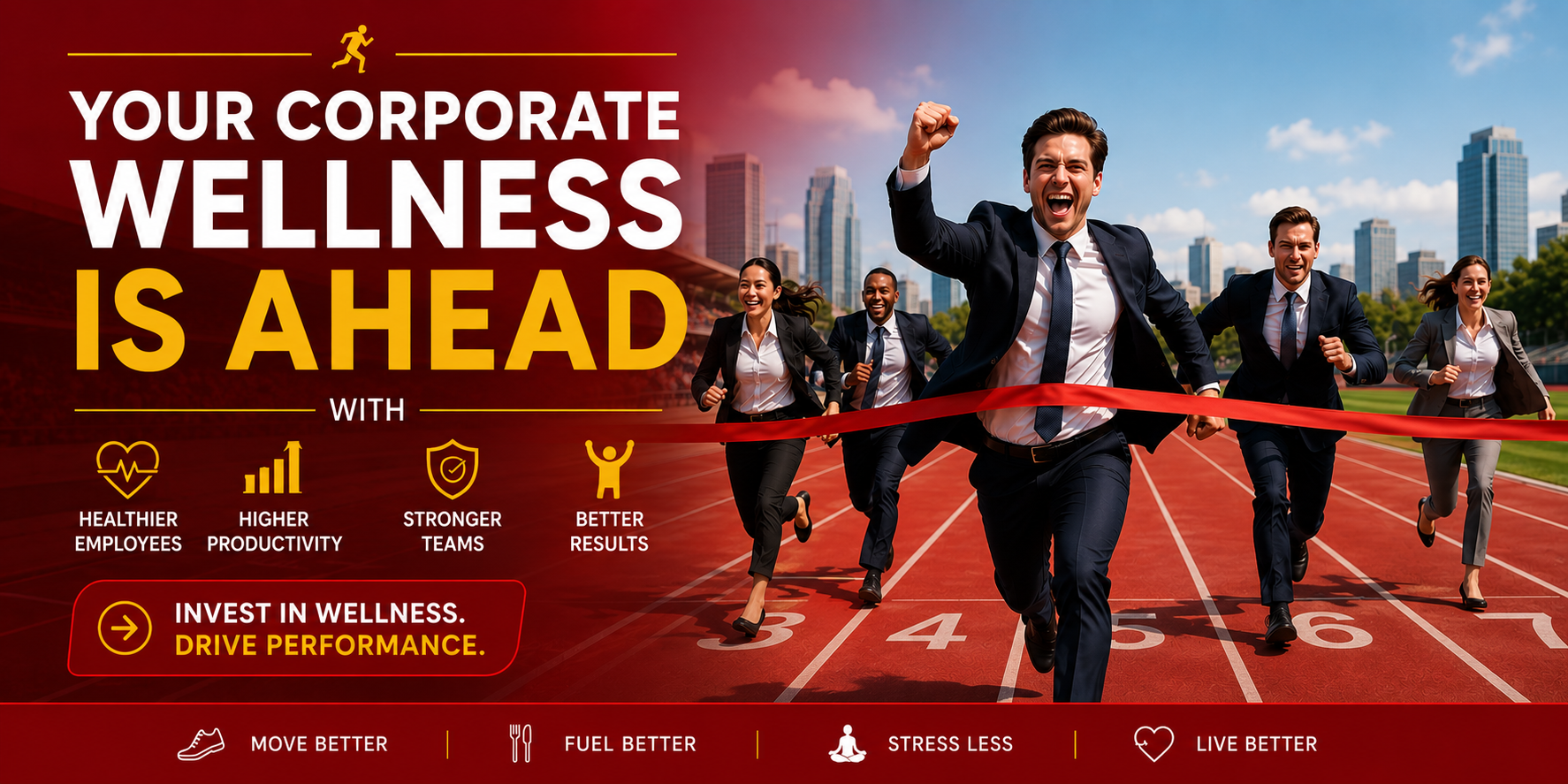 Your corporate wellness is ahead — healthier employees, higher productivity, stronger teams, and better results. Invest in wellness. Drive performance.